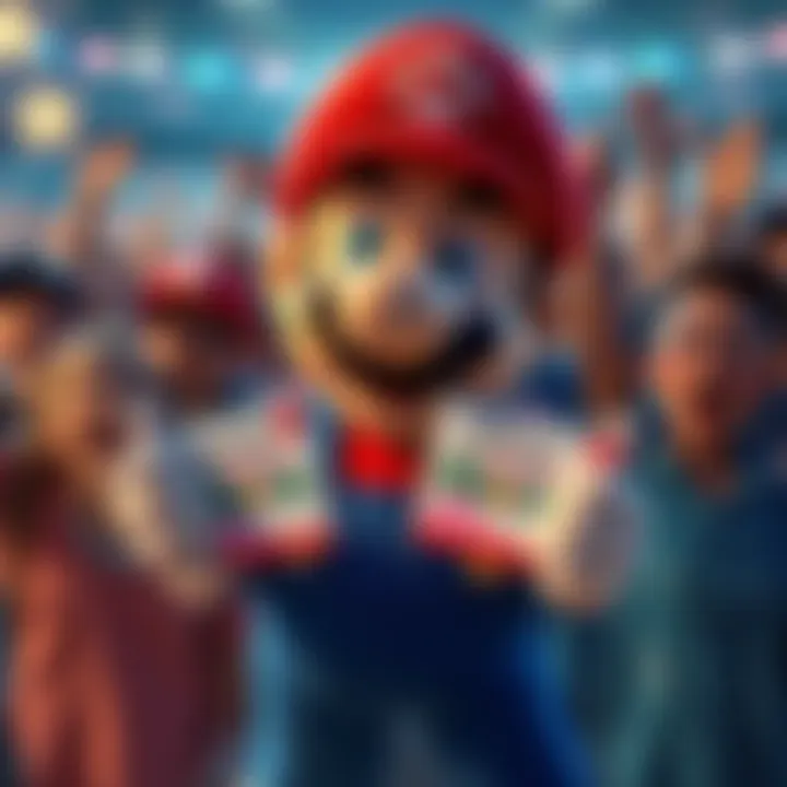 Mario holding two game codes with excited fans in the background