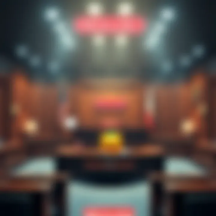 A visual representation of a courtroom with Nintendo branding and a game character from Palworld, highlighting the legal battle.