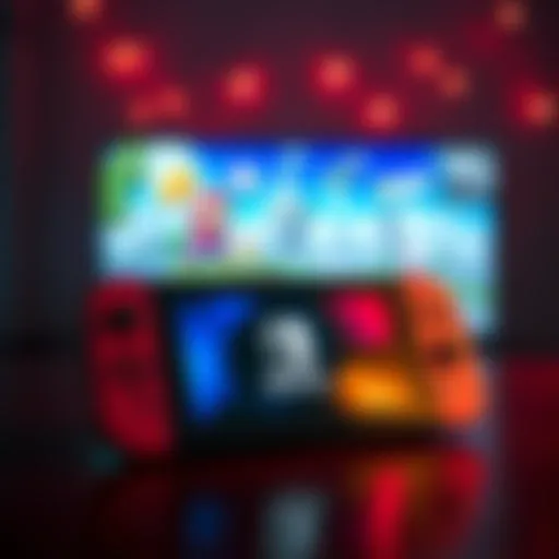 A Nintendo Switch console displayed with colorful game graphics on screen.