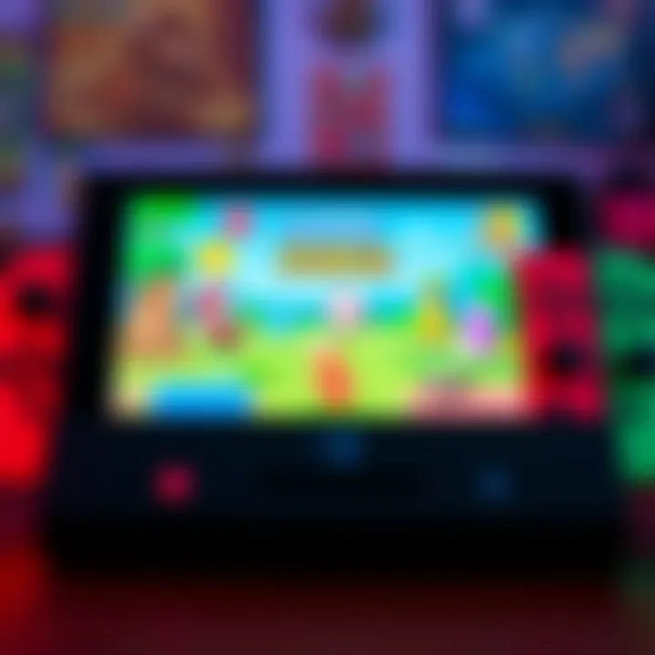 A Nintendo Switch console with colorful games displayed on screen, showcasing its family-friendly and fun environment.