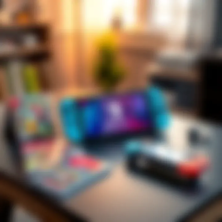 A Nintendo Switch console displayed on a table with colorful game cases of popular titles like Mario, Zelda, and Pokémon nearby.