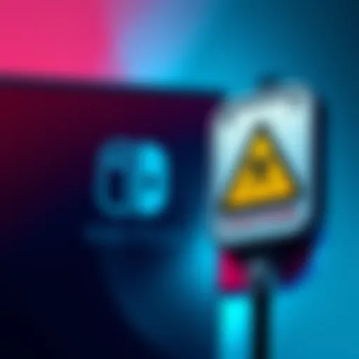 Nintendo Switch logo next to a caution sign indicating piracy crackdown