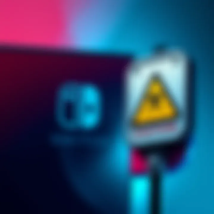 Nintendo Switch logo with a warning symbol Nintendo Switch logo next to a caution sign indicating piracy crackdown
