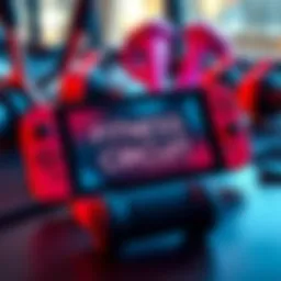 A Nintendo Switch with Fitness Circuit game case and workout equipment nearby, showcasing fun fitness activities.