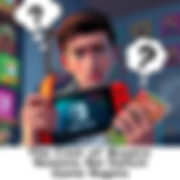 A gamer looking disappointed while holding a Nintendo Switch console and game cases, with a thought bubble showing a question mark.