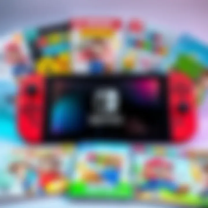Colorful Nintendo Switch with games A Nintendo Switch console with colorful game covers for kids displayed around it, showcasing family-friendly titles, including a Mario game.