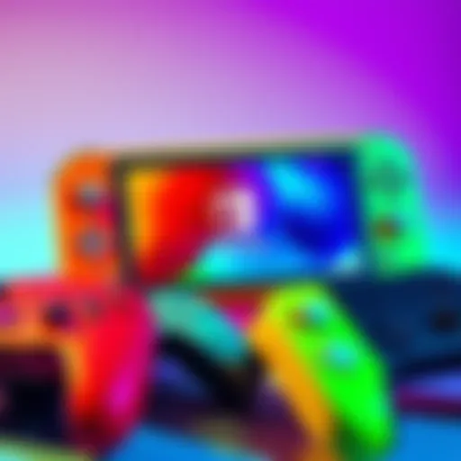 A Nintendo Switch Lite console shown with vibrant colors, surrounded by several game controllers, conveying a fun gaming atmosphere.