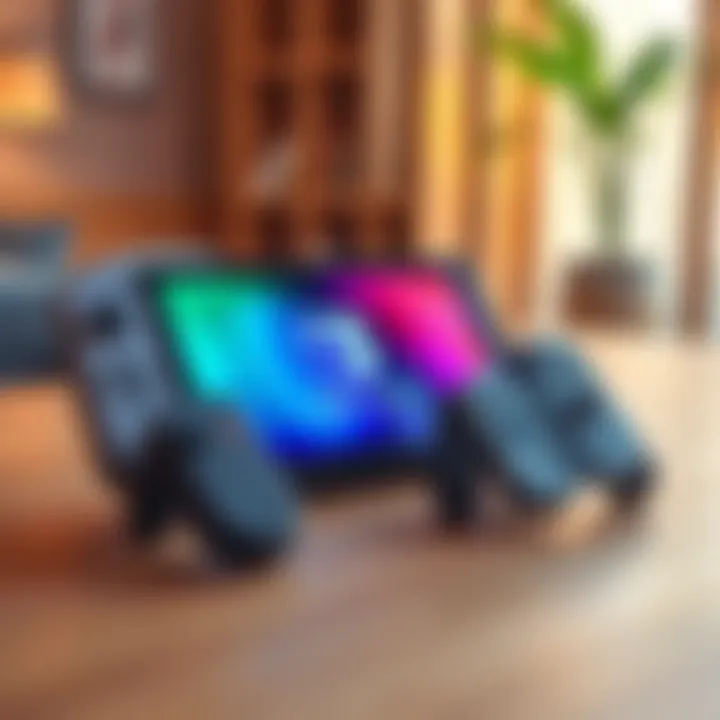 A Nintendo Switch OLED console with a vibrant display and controllers placed on a wooden table, highlighting its design and appeal for gamers.