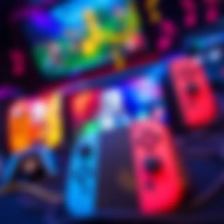 Colorful display of popular rhythm games for Nintendo Switch with game controllers and music notes in the background