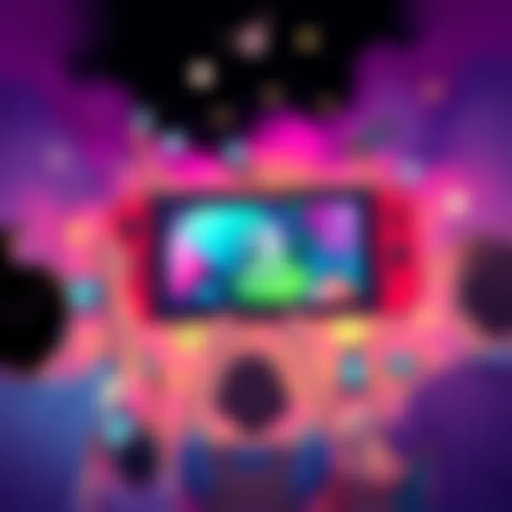Nintendo Switch Update Announcement A vibrant illustration showing a Nintendo Switch console with colorful game graphics on the screen, surrounded by excited gamers holding their controllers.