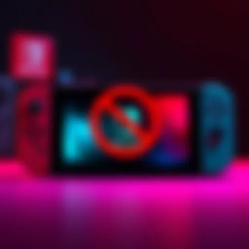 Nintendo Switch 1 console with a red withdrawal symbol, representing its removal from the European market due to battery regulations.