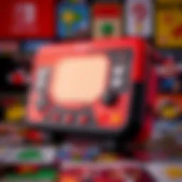 Nintendo Virtual Boy Accessory A close-up of the Virtual Boy accessory designed for Nintendo Switch Online, showcasing its unique red and black color scheme and 3D capabilities, with a background of classic Nintendo game graphics.