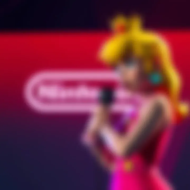 Nintendo logo with a shocked voice actress holding a microphone, representing the casting change for Princess Peach and Toad.