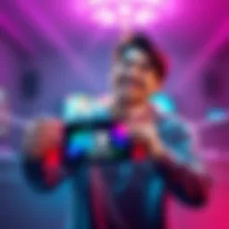 A gamer happily holding the new Nintendo Switch 2 with a colorful game screen