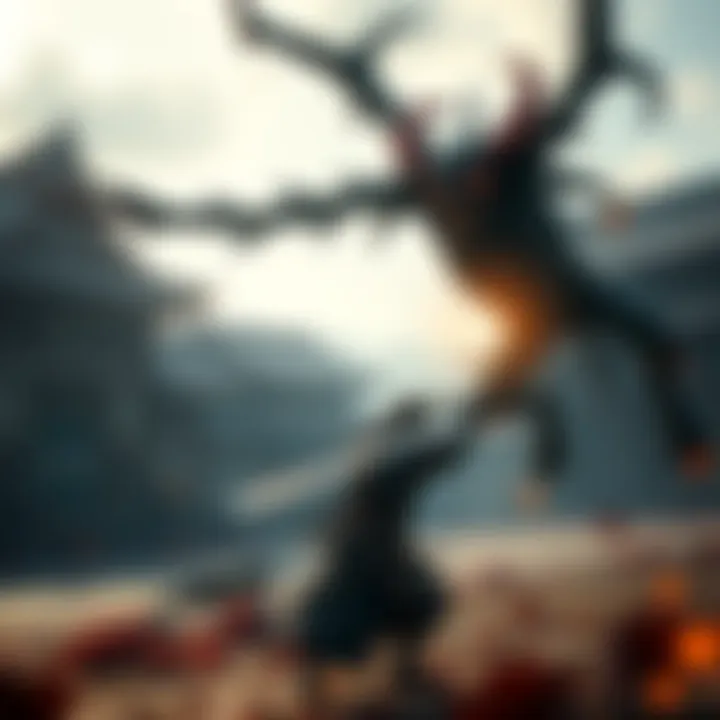 A screenshot showcasing a combat scene in Nioh 1 featuring a samurai battling a demon, with historical Japanese architecture in the background.