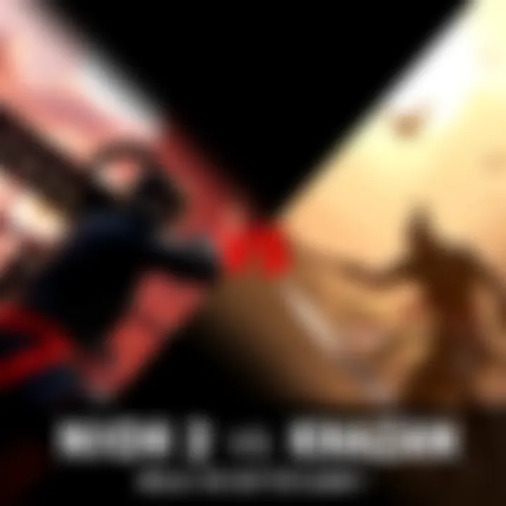 A split-screen view showing gameplay from Nioh 2 on one side and Khazan on the other, highlighting their graphics and action sequences.