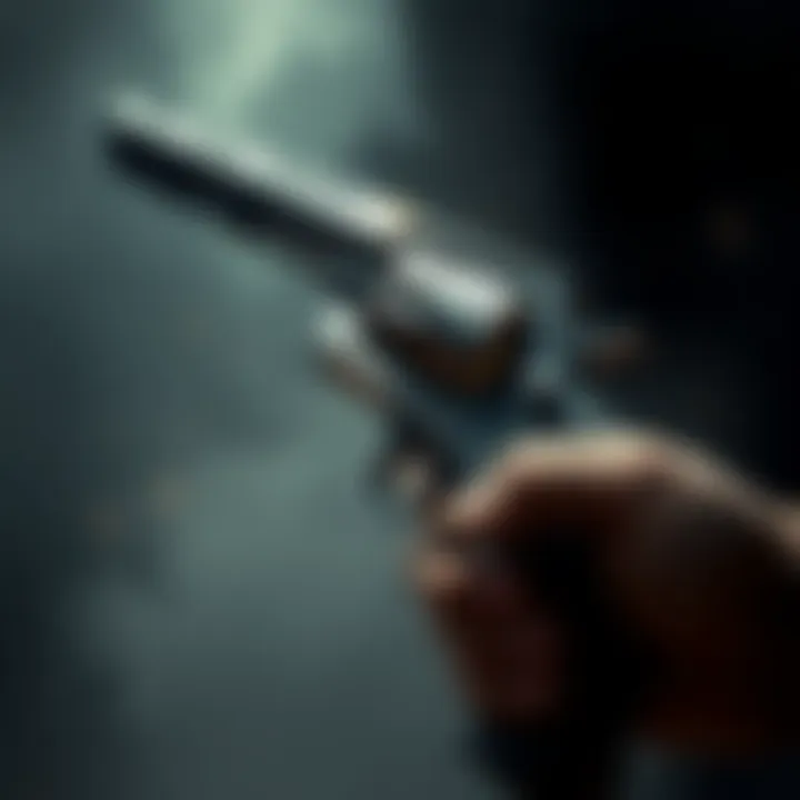 A close-up view of a revolver, resembling the one held by an NPC in Nioh 3, set against a dark, mystical background.