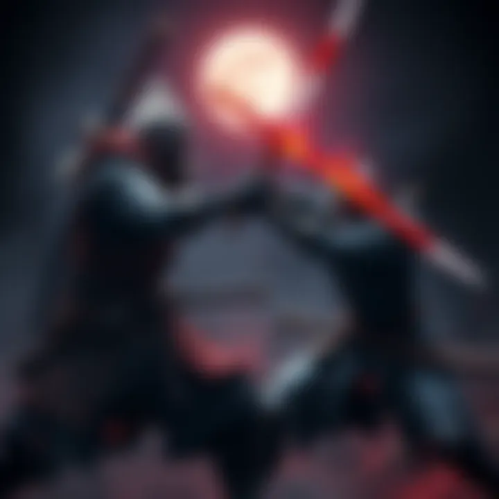 Two warriors from Nioh series engage in battle with swords drawn in a dark, mystical setting.