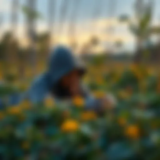 A person collecting nitan extract from plants in a natural setting