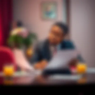 NMP sits at a table reviewing divorce documents while looking thoughtful
