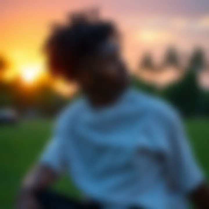 NMP sitting in a park, looking thoughtful and contemplative, with a sunset in the background symbolizing a new beginning.