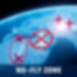 A map showing restricted airspace with marked no-fly zones and airplanes flying around them.
