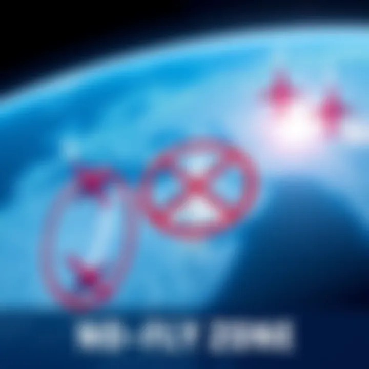 A map showing restricted airspace with marked no-fly zones and airplanes flying around them.