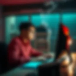 A person sitting at a desk with a computer, looking concerned as smoke from a cigarette drifts toward the device, highlighting the risks of smoking near electronics.