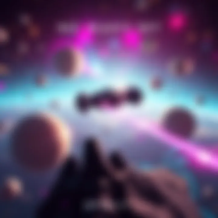 A vibrant scene from the No Man's Sky Breach trailer showing a spaceship flying through colorful planets and stars.