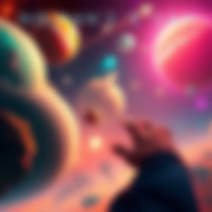 A scene from No Man's Sky showing diverse planets and space exploration with vibrant colors
