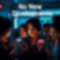 A group of people looking disappointed while checking their phones for updates in a dimly lit room.