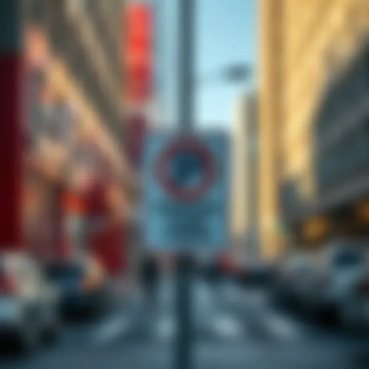 A clear no parking sign posted on the side of a busy street, indicating parking restrictions in the area.