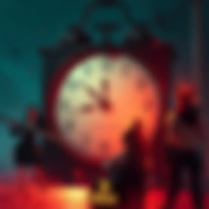 A digital art piece showing a clock striking midnight, symbolizing the delayed launch of No Rest For The Wicked 1.0, with game characters looking frustrated and waiting.