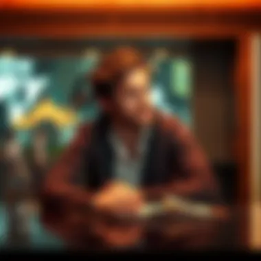 Noah Hawley sits at a table, speaking into a microphone about the Far Cry video game stories, with a skeptical expression