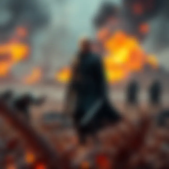 Noble Six stands on a battlefield, witnessing a dramatic scene just before his death, conveying a mix of determination and sorrow.
