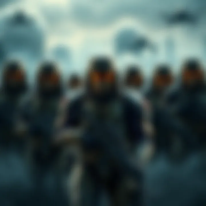 A group of iconic Original Noble Team characters in their combat gear, showcasing their distinctive helmets and weapons, set against a dramatic backdrop of a futuristic battlefield.