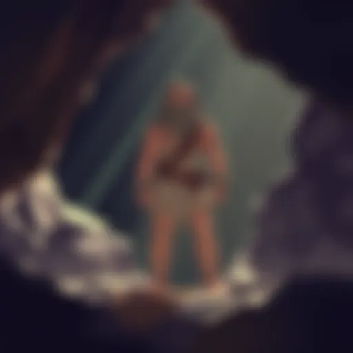 An illustration of a figure resembling Noble Six dressed in a caveman outfit, standing in a rocky cave setting, with shadows playing on the walls and an air of mystery around them.