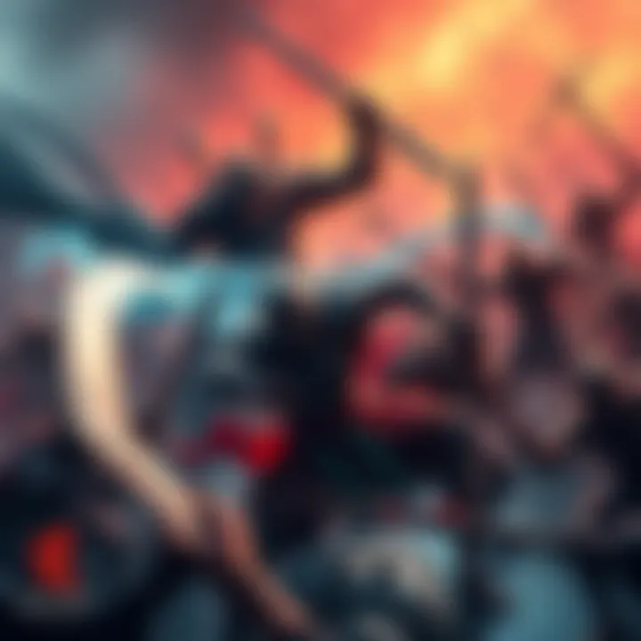 Nokken in Battle A fierce battle scene showing nokken influencing the fight, with warriors engaged in combat and a mystical water element present.