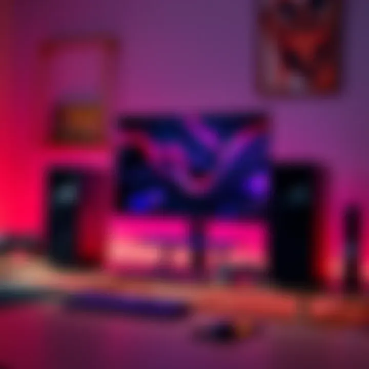 A sleek Nokko gaming frame displayed on a desk with a gaming setup, featuring a monitor and game console.