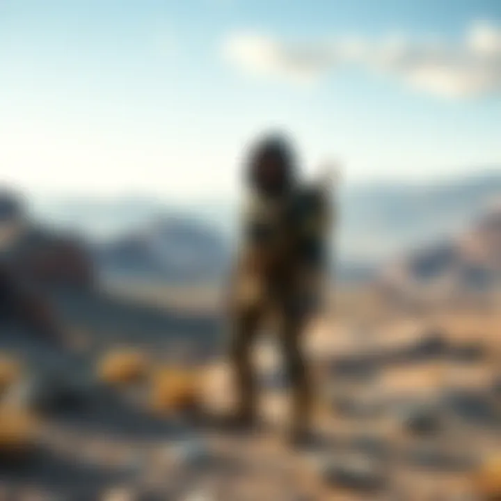 A gamer dressed as a Nomad character stands in a desolate landscape, with rugged mountains and a distant horizon. The character is equipped with survival gear, showcasing the Nomad lifestyle in a vibr...