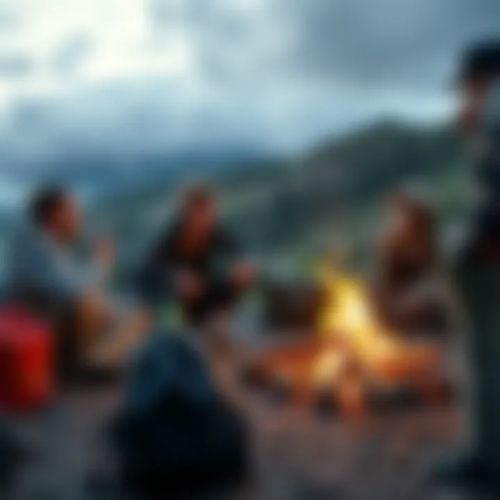 Nomadic Lifestyle Discussion A group of people sitting around a campfire discussing the nomadic lifestyle, with backpacks and travel gear nearby.