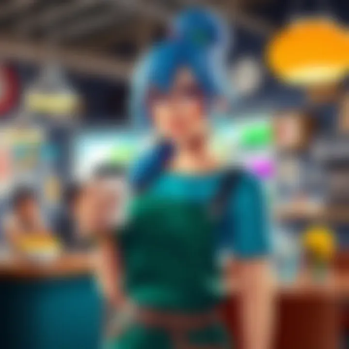 A blue-haired non-binary barista character standing in a vibrant café setting, holding a coffee cup and looking ready for action in a competitive game