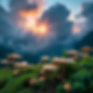 A scenic view of the Dam Battlegrounds, showcasing various non-bloom mushrooms growing in the area, with lush greenery surrounding them.