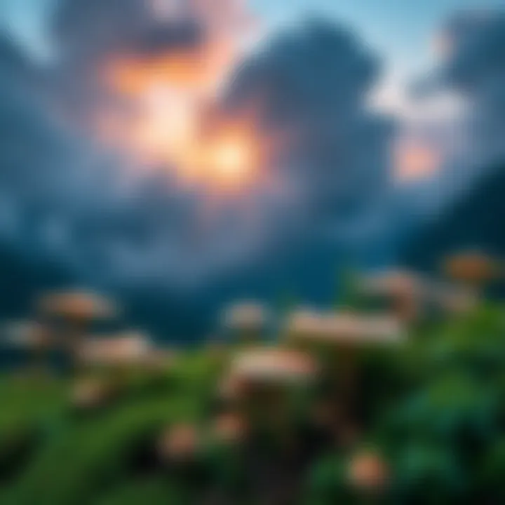 A scenic view of the Dam Battlegrounds, showcasing various non-bloom mushrooms growing in the area, with lush greenery surrounding them.