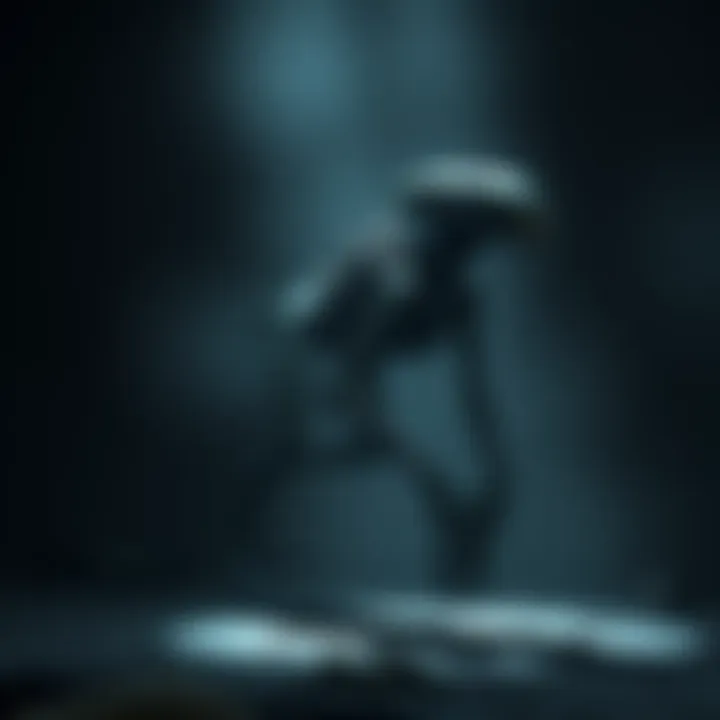 A conceptual illustration of a non-drone xenomorph, featuring a sleek, menacing design with elongated limbs and a dark, textured skin, set in a shadowy environment.