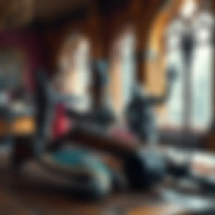 A collection of non-exotic weapons used by Hunters, Titans, and Warlocks in a fantasy setting, featuring a bow, rifle, and staff arranged on a table with character models in the background.