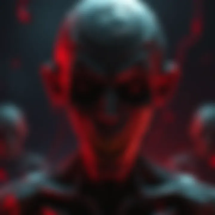 A creepy, non-human character with distorted features and unsettling details, set against a dark and eerie background to evoke horror.