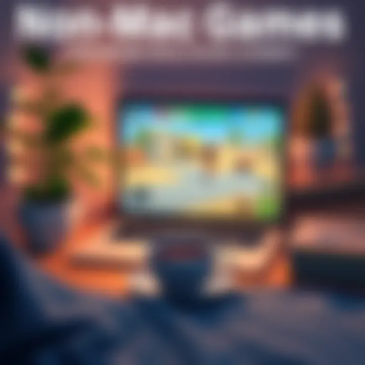 A cozy gaming setup featuring a MacBook with non-combat game characters on screen, surrounded by a plant and a cup of tea.