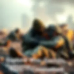 A scene from a video game showing a civilian helping a wounded soldier in a war-torn environment
