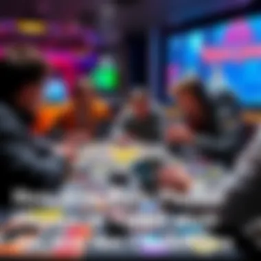 A group of gamers discussing strategies to compete without using season pass cards in a board game setting, with cards laid out on a table